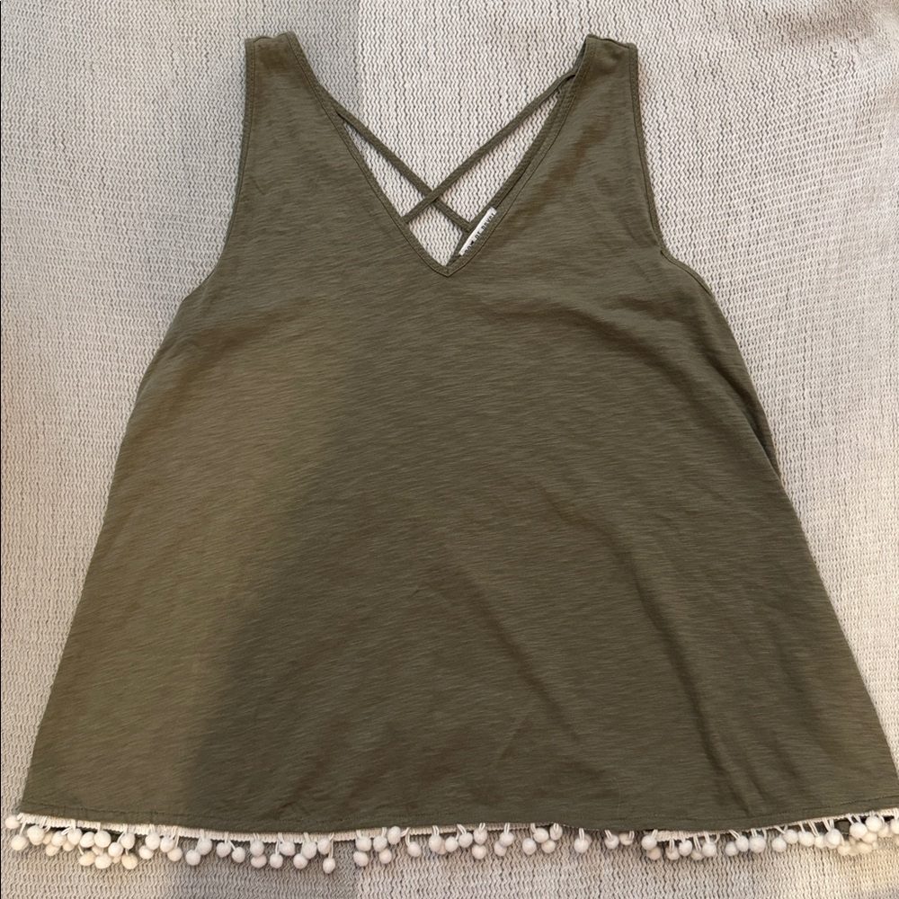 Olive Green Boho Tank Top Crisscross Back Pom Trim (Oversized Small)